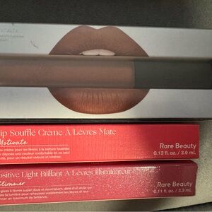 Rare Beauty Lip Soufflé Crème and Gloss Duo in Nude and Red and huda liquid lips